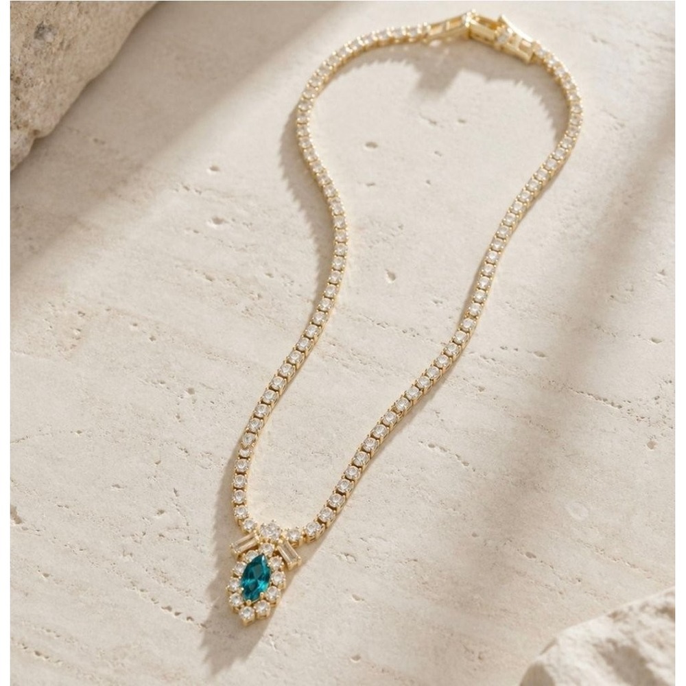 Vintage Gold Tone Rhinestone Tennis Necklace Blue Marquise Pendant